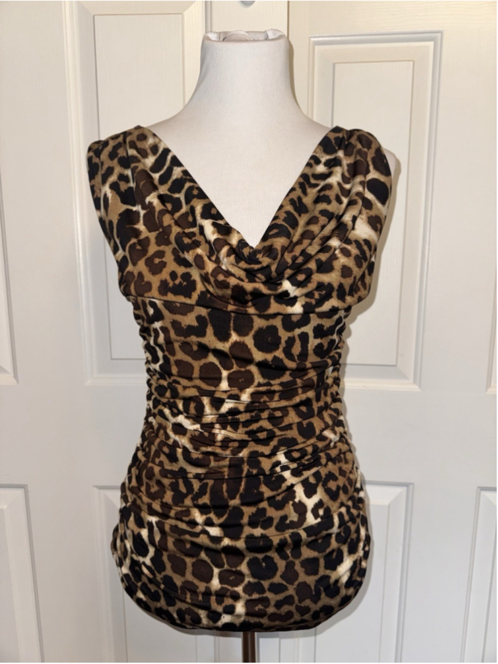 Vintage Y2K XOXO Leopard Cowl Neck Ruched Top M Made USA Sexy Going Out